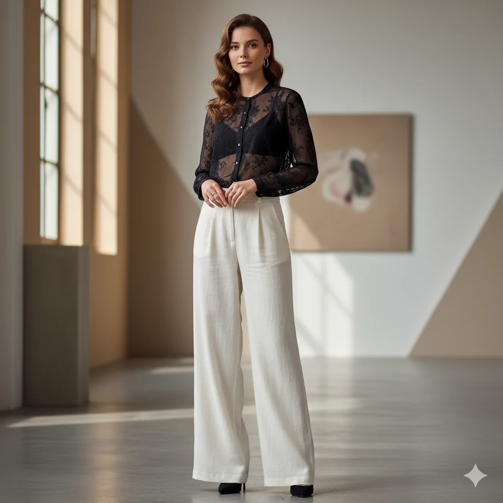 Sheer Blouse with Wide Leg Pants