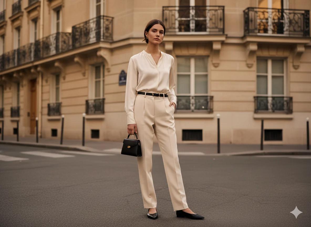 Silk Blouse with High Waisted Trousers