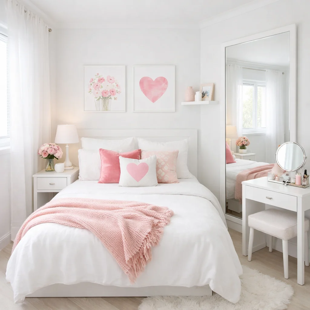 Small Bedroom with White Base and Pink Accents