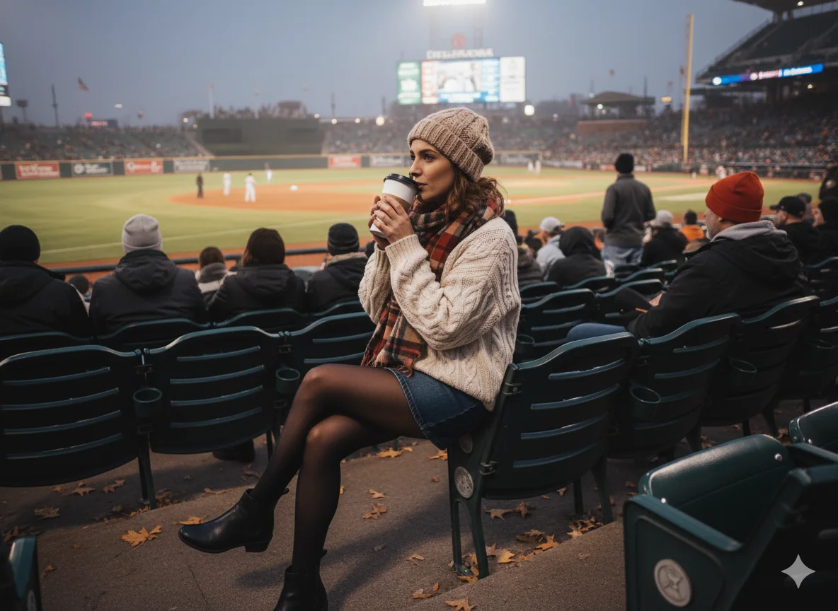 Sweater and Denim Skirt with Tights