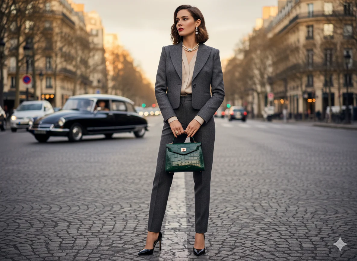 Tailored Suit with Feminine Accessories