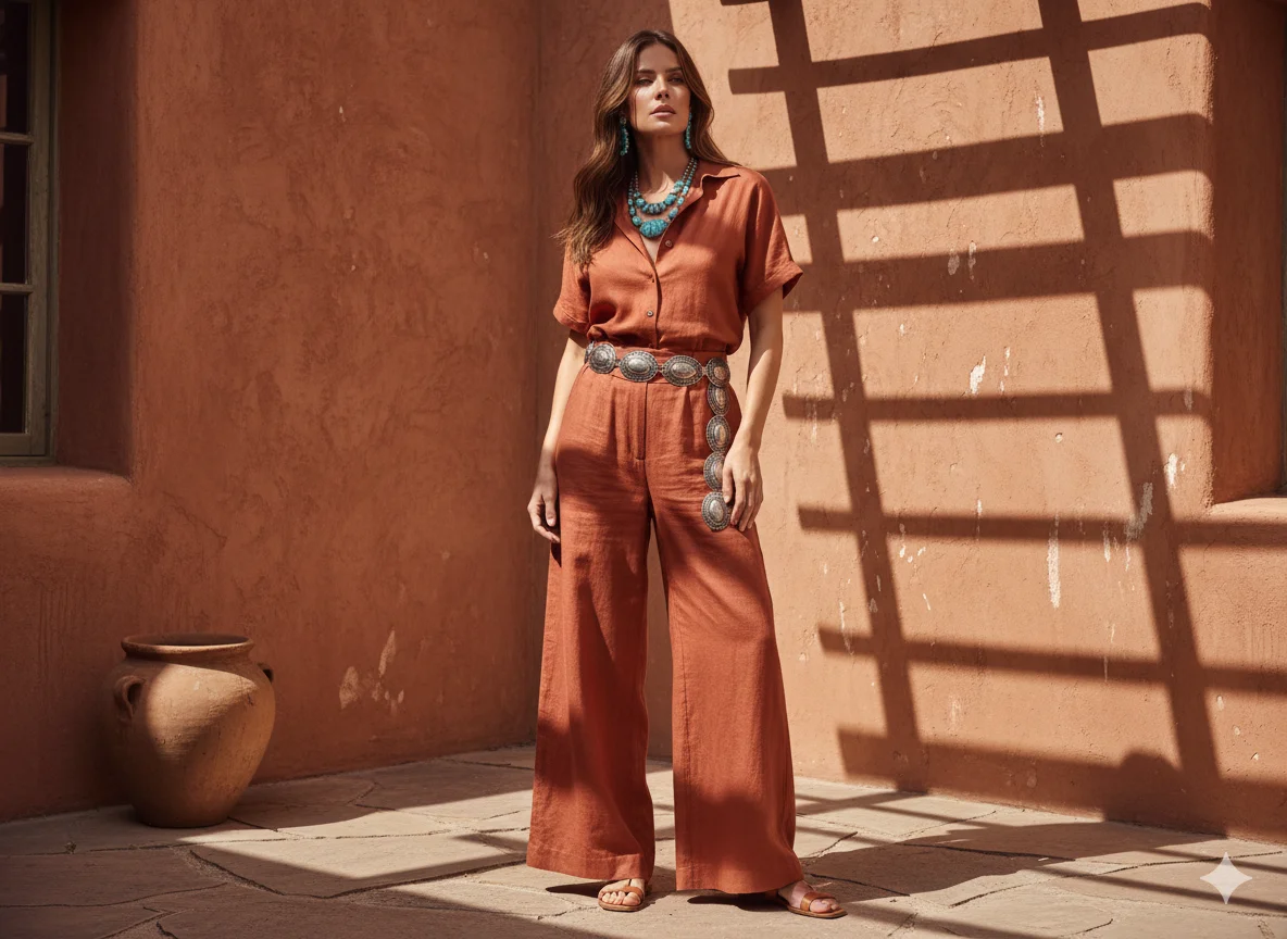 Terracotta Linen Set with Turquoise Jewelry