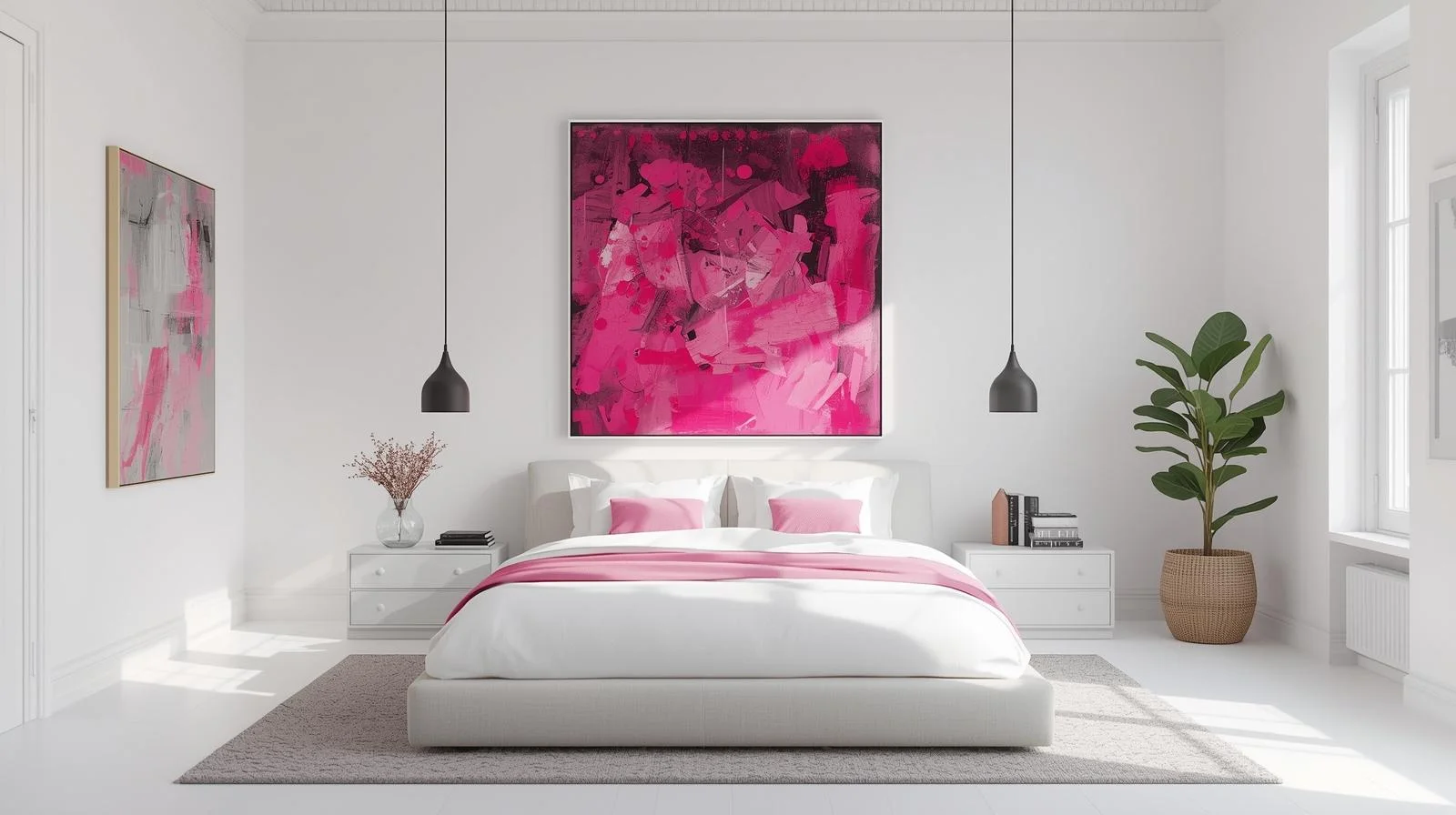 White Bedroom with Pink Artwork Statement