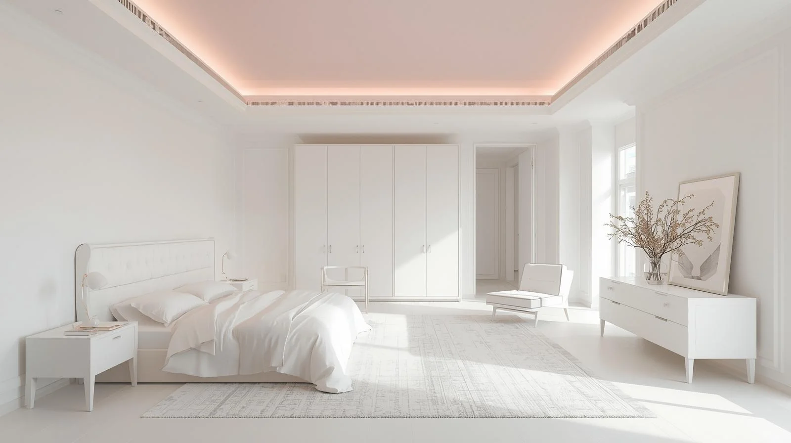White Bedroom with Pink Ceiling