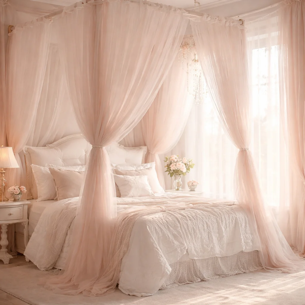 White Canopy Bed with Pink Drapery