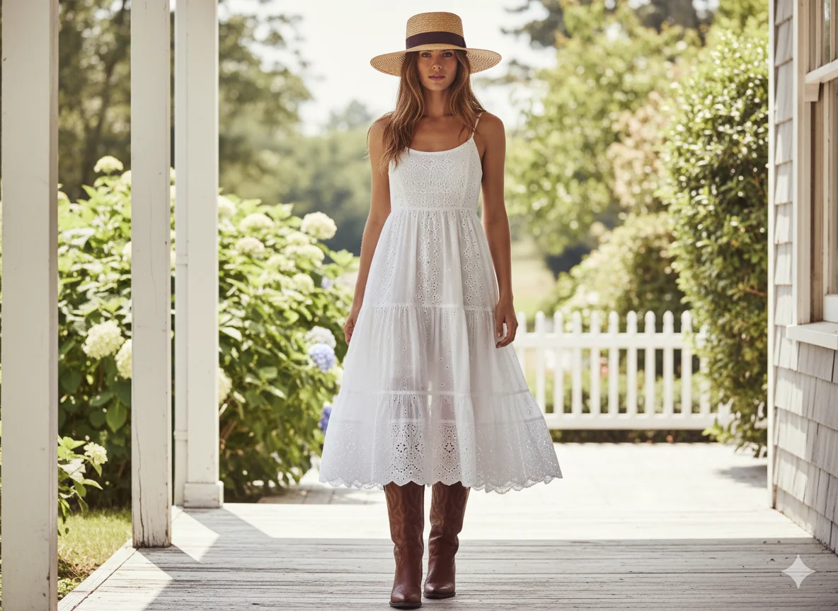 White Eyelet Sundress and Brown Boots