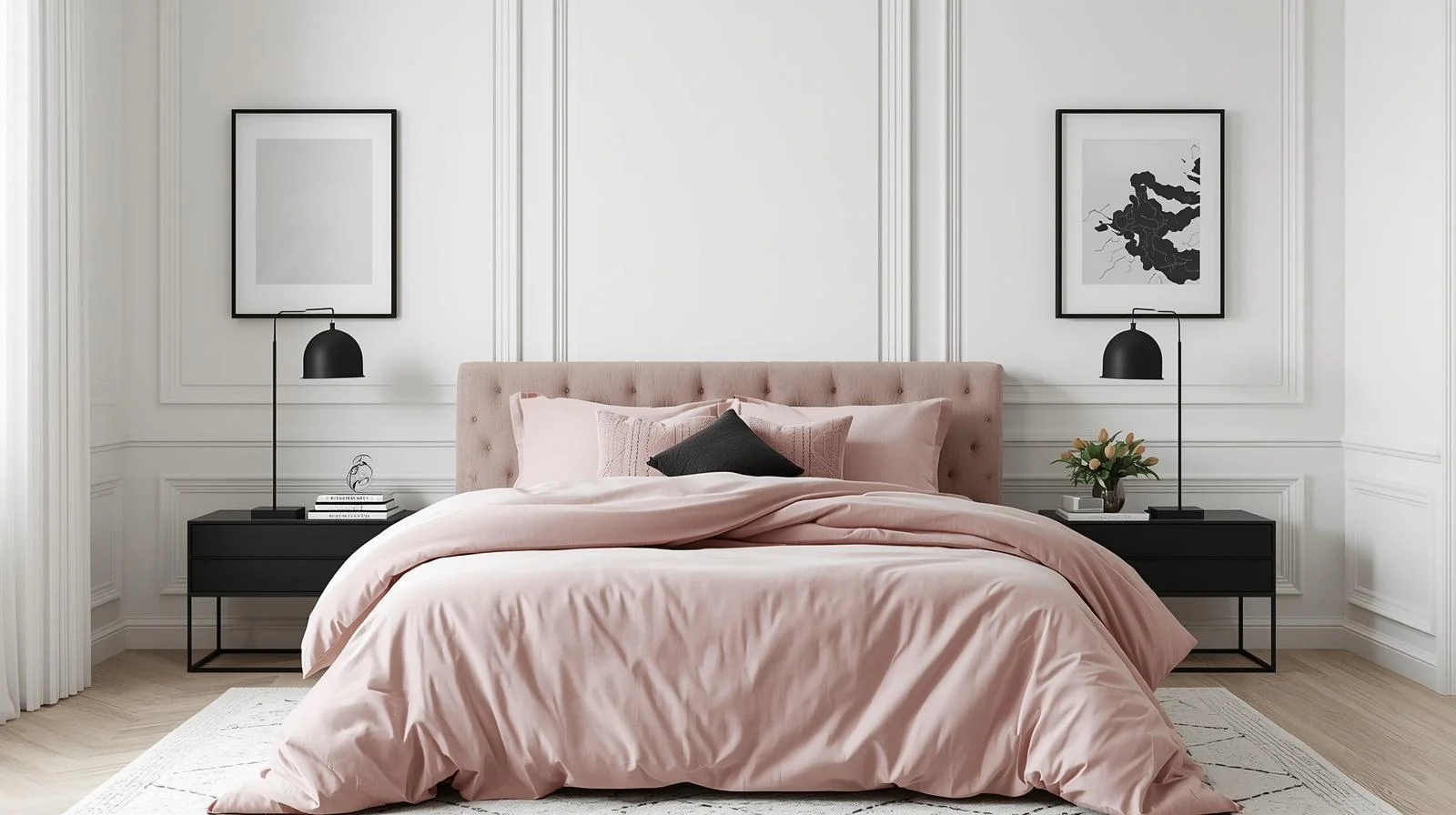 White Pink Bedroom with Black Accents