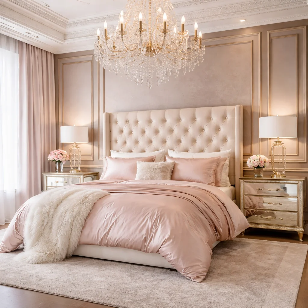 White Pink Bedroom with Metallic Accents