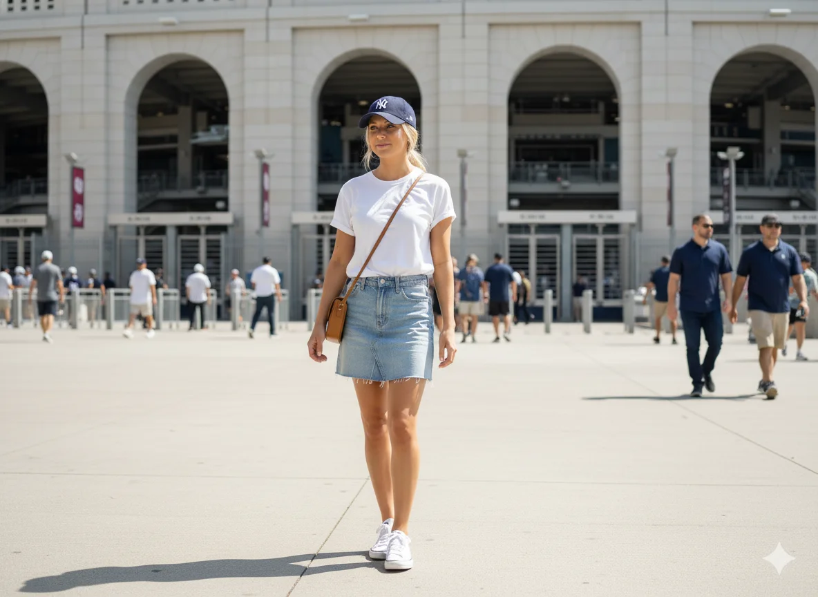 White Tee and Denim Skirt