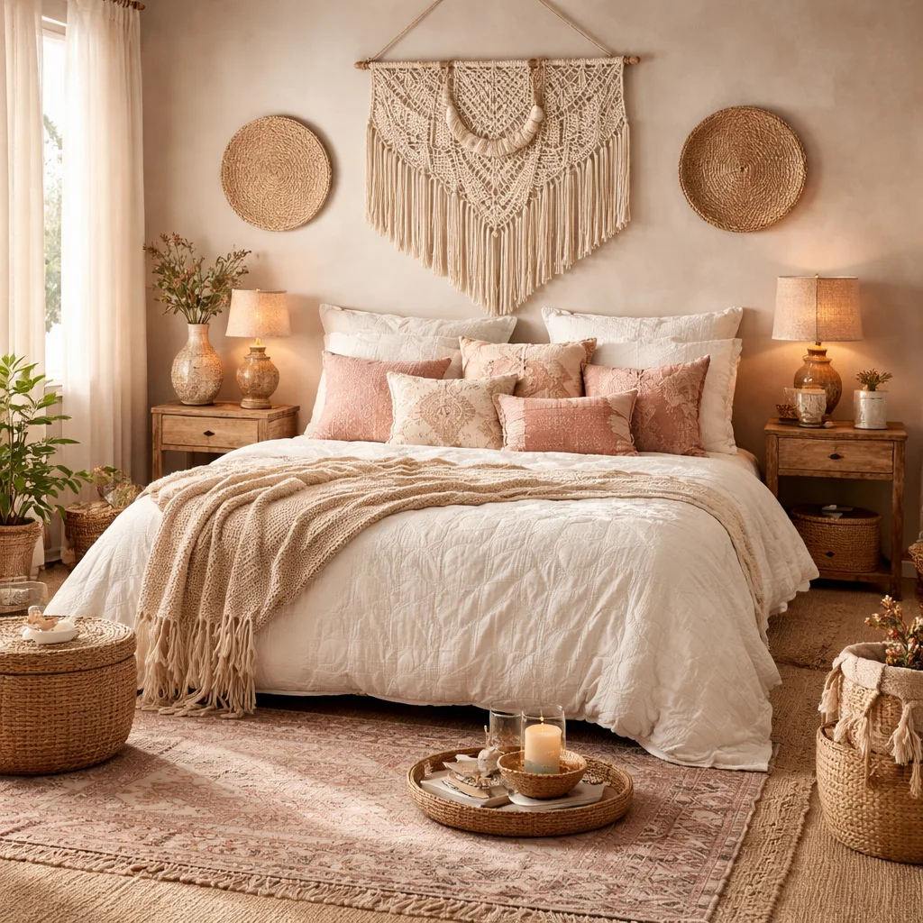 White and Pink Boho Bedroom